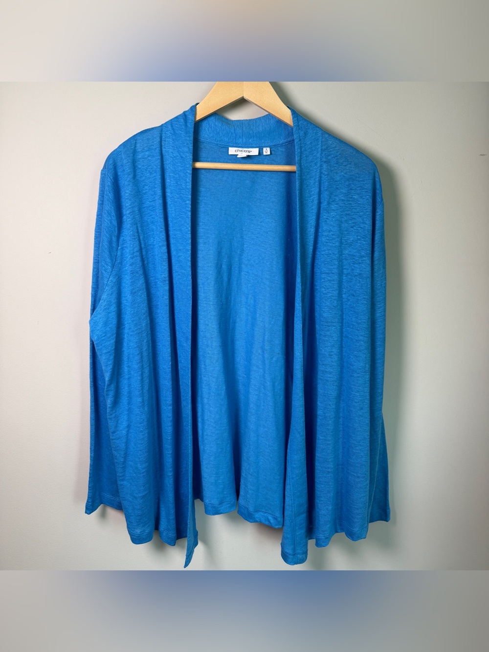 Chico’s Size 3 (XL) Blue 100% Linen Open Front Long Sleeve Cardigan Summer